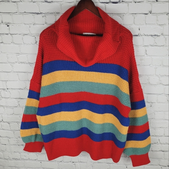 WEEKEND by SUZANNE BETRO | knit rainbow stripe cowl neck bubble sleeve sweater - Picture 1 of 6
